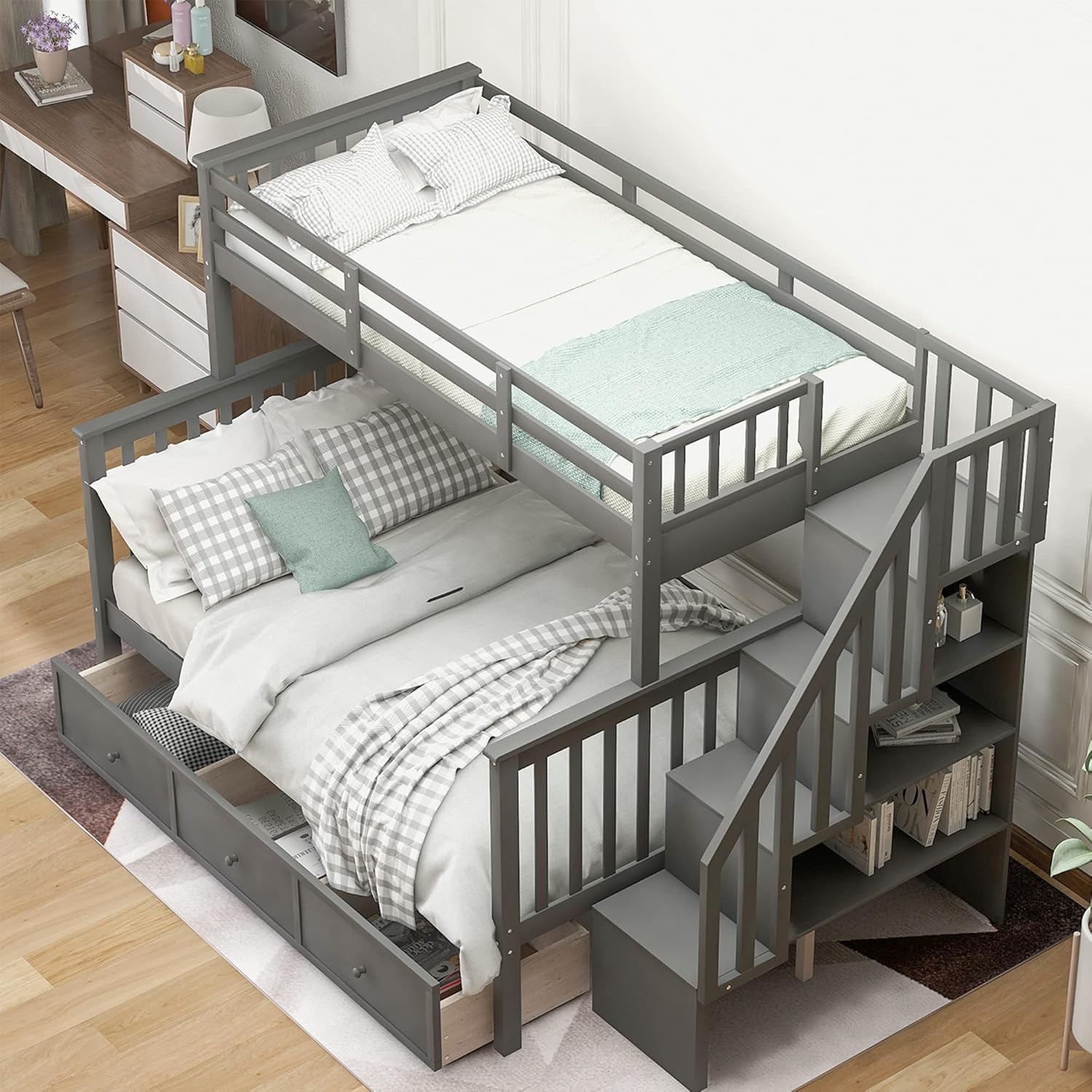 Harper & Bright Designs Wooden Bunk Bed with Stairway, Twin Over Full Bunk Bed with Storage Drawers, Twin Over Full Bunk Bed Frame with Stairs for Girls Boys(Grey)