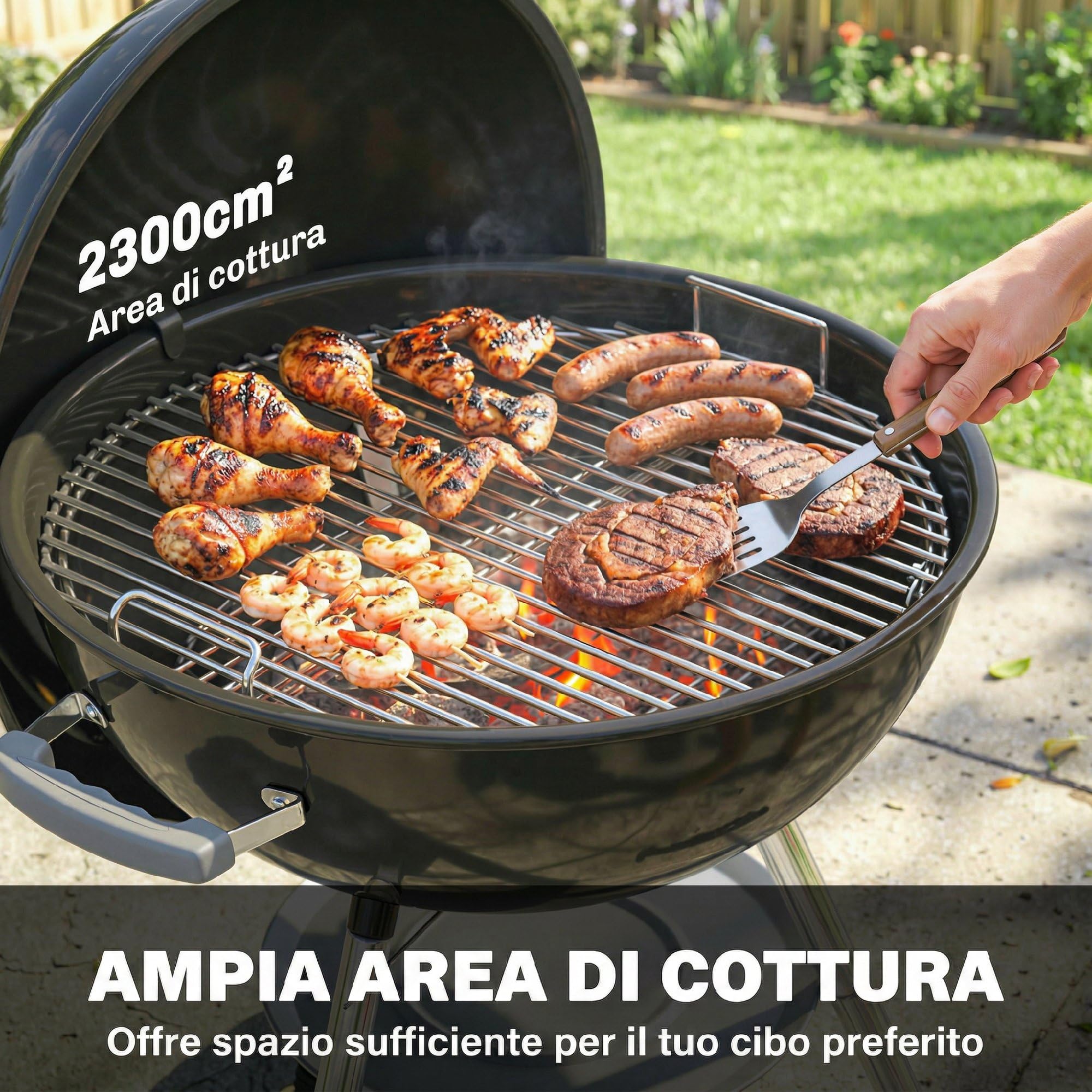 Outsunny Barbecue Carbonella Rotondo Kettle, BBQ Carbonella Portatile con Coperchio, Griglia Ø53.5cm, 2 Scatole Carbone, Ripiano, Termometro, Sfiati Regolabili, Portacenere, Manici, Ruote per Giardino