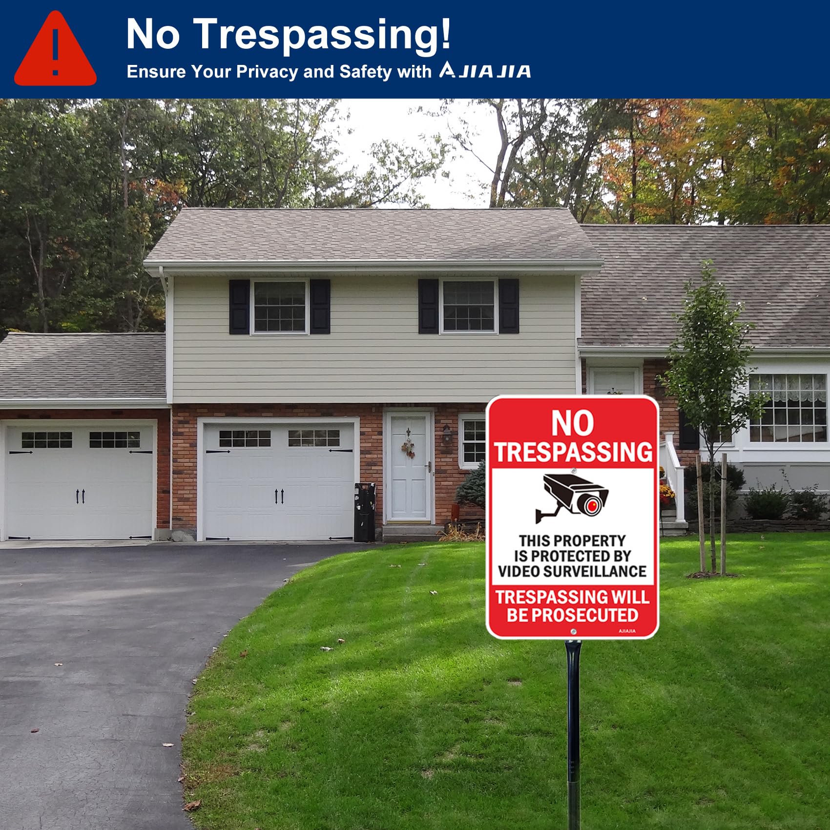 Großes Schild mit Aufschrift "No Trespassing Private Property", Videoüberwachung, mit 91,4 cm Pfahl, 35,6 x 25,4 cm, rostfreies Aluminium, reflektierend, wetterfest, wasserdicht