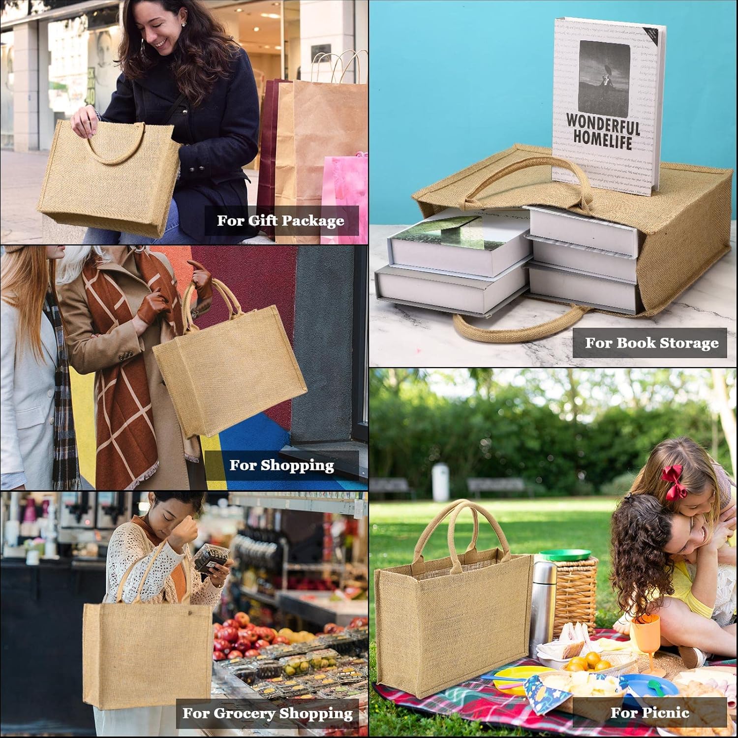 Shappy Burlap Tote Bags with Handles, Jute Grocery Bags with Laminated Interior for Wedding, 15.8 x 11.8 x 5.9 - Image 7