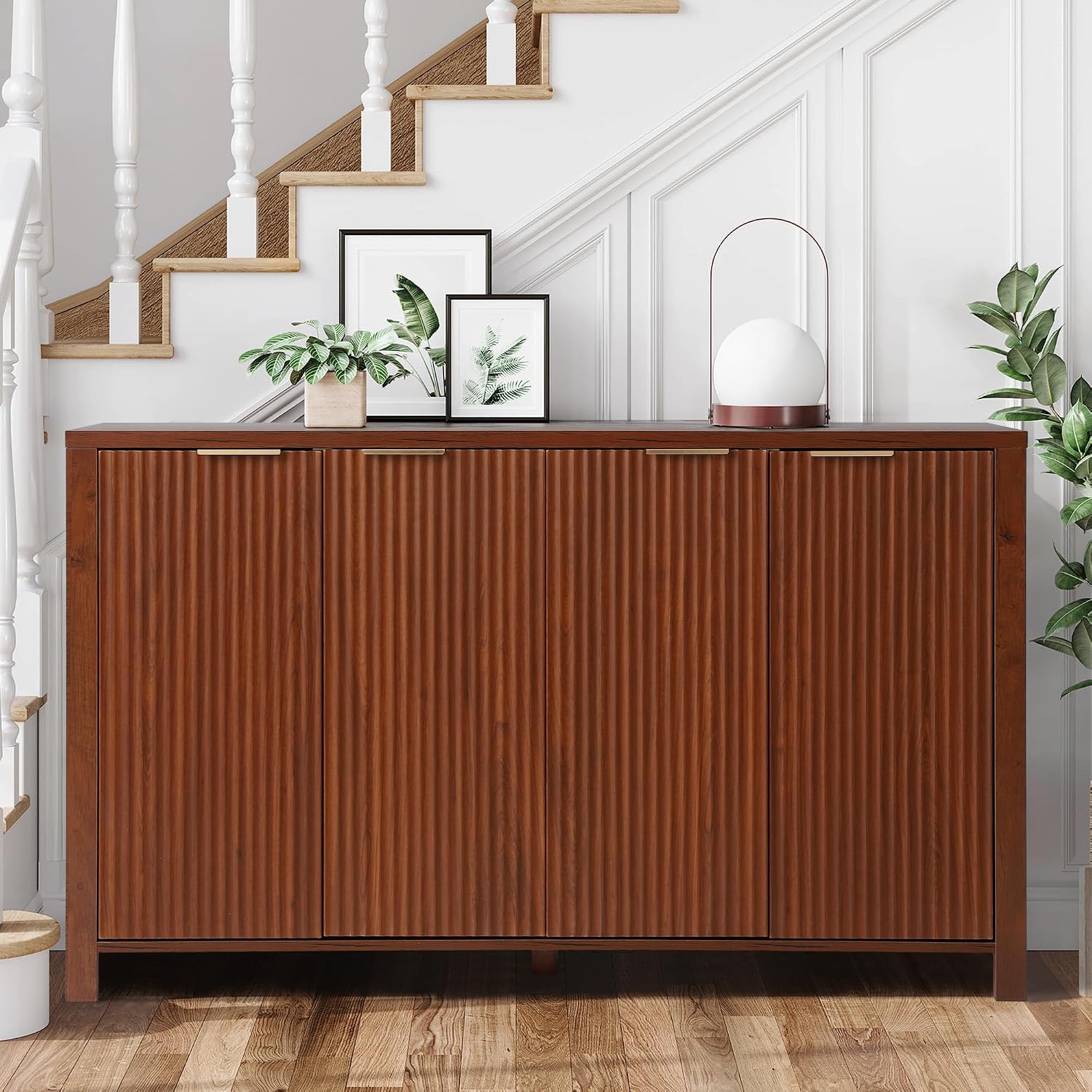 MAGIC UNION Fluted Sideboard Buffet Cabinet with Storage, 55" Large Wood Accent Cabinet with Adjustable Shelves, Kitchen Coffee Bar Cabinets with 4 Doors, Console Cabinets for Living Room (Brown)