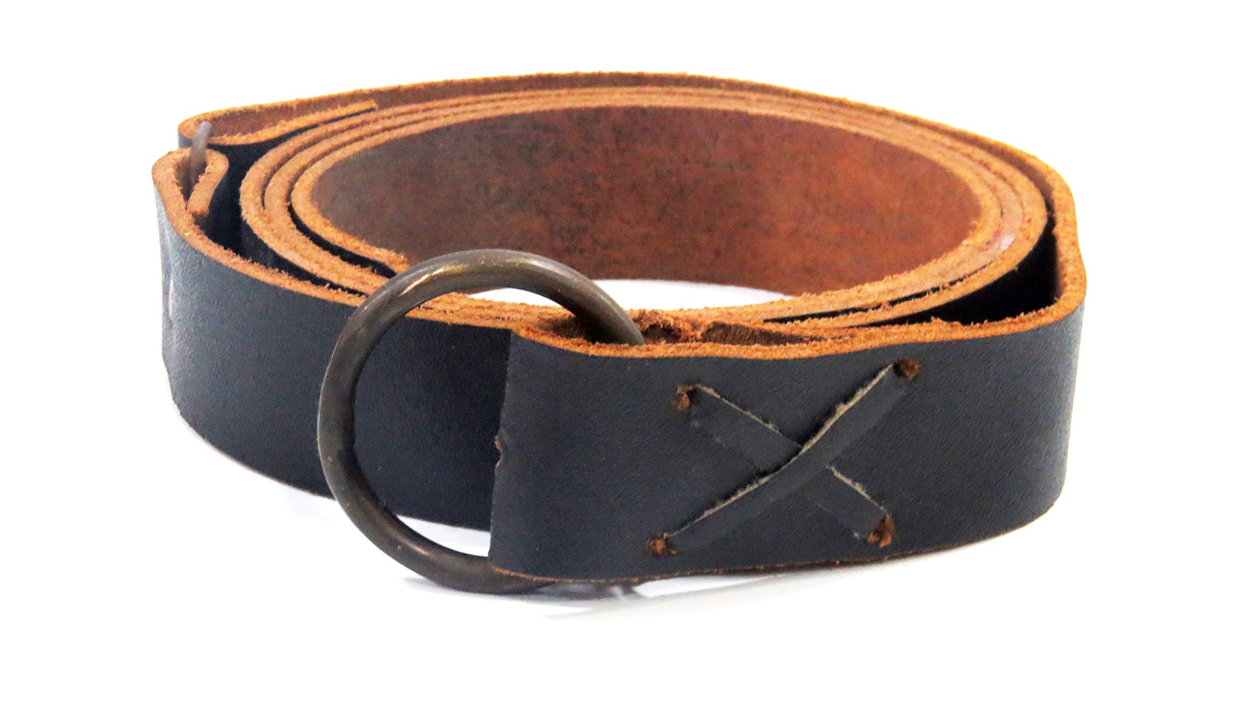 NauticalMart Medieval leather belt with brass ring, approx. 150 cm long - Viking LARP leather belt (Black)
