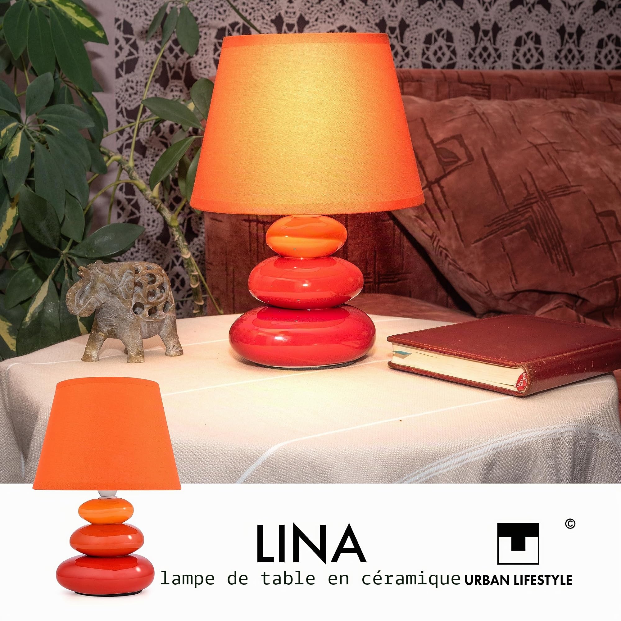 Urban Lifestyle Lampe de chevet Lina (orange) lampe de table en céramique avec abat-jour en tissu, LED appropriée, E14, lampe de table en céramique 230V, lampe de chevet