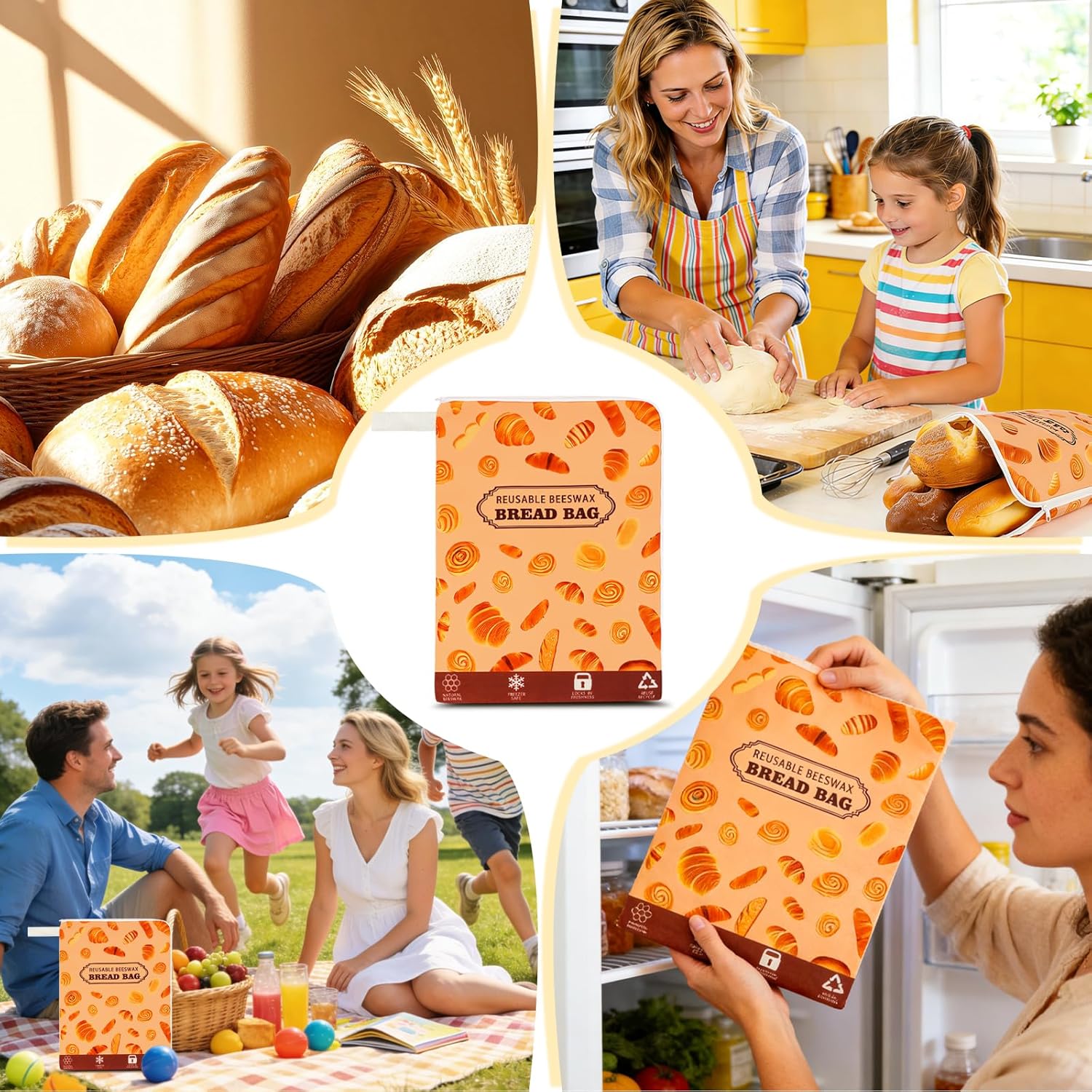 2 Pack Wide Zipper Access Beeswax Bread Bags for Sourdough Bread, Reusable Organic Linen Beeswax Bread Bag for Homemade Sourdough for Homemade Bag to Keep Fresh Longer, Kitchen Storage (Yellow)