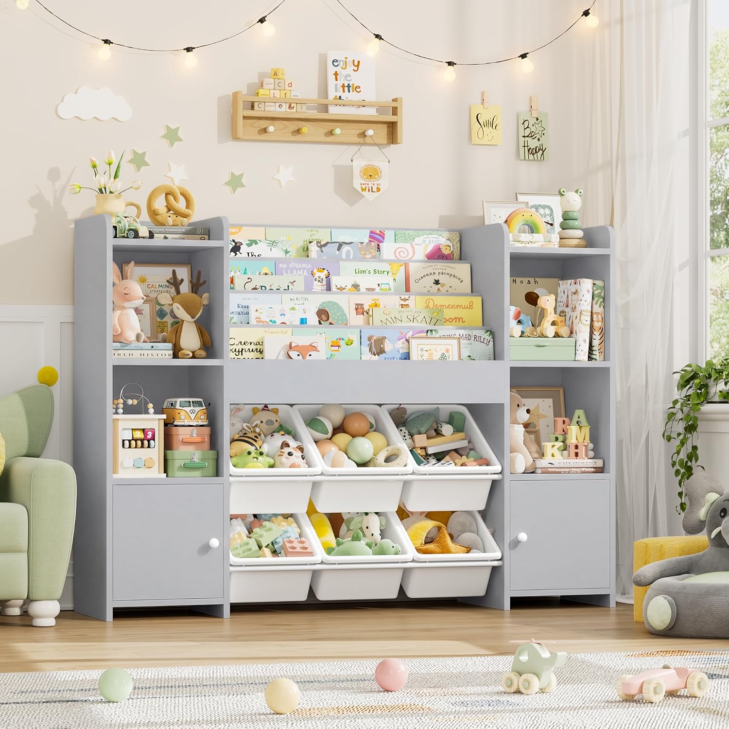 FINETONES Toy Storage Organizer with 6 Toy Bins, Toy Organizer Kids Bookshelf with 6 Cubbies, Toy Organizers and Storage Bins Playroom Storage for Kids Room, Grey