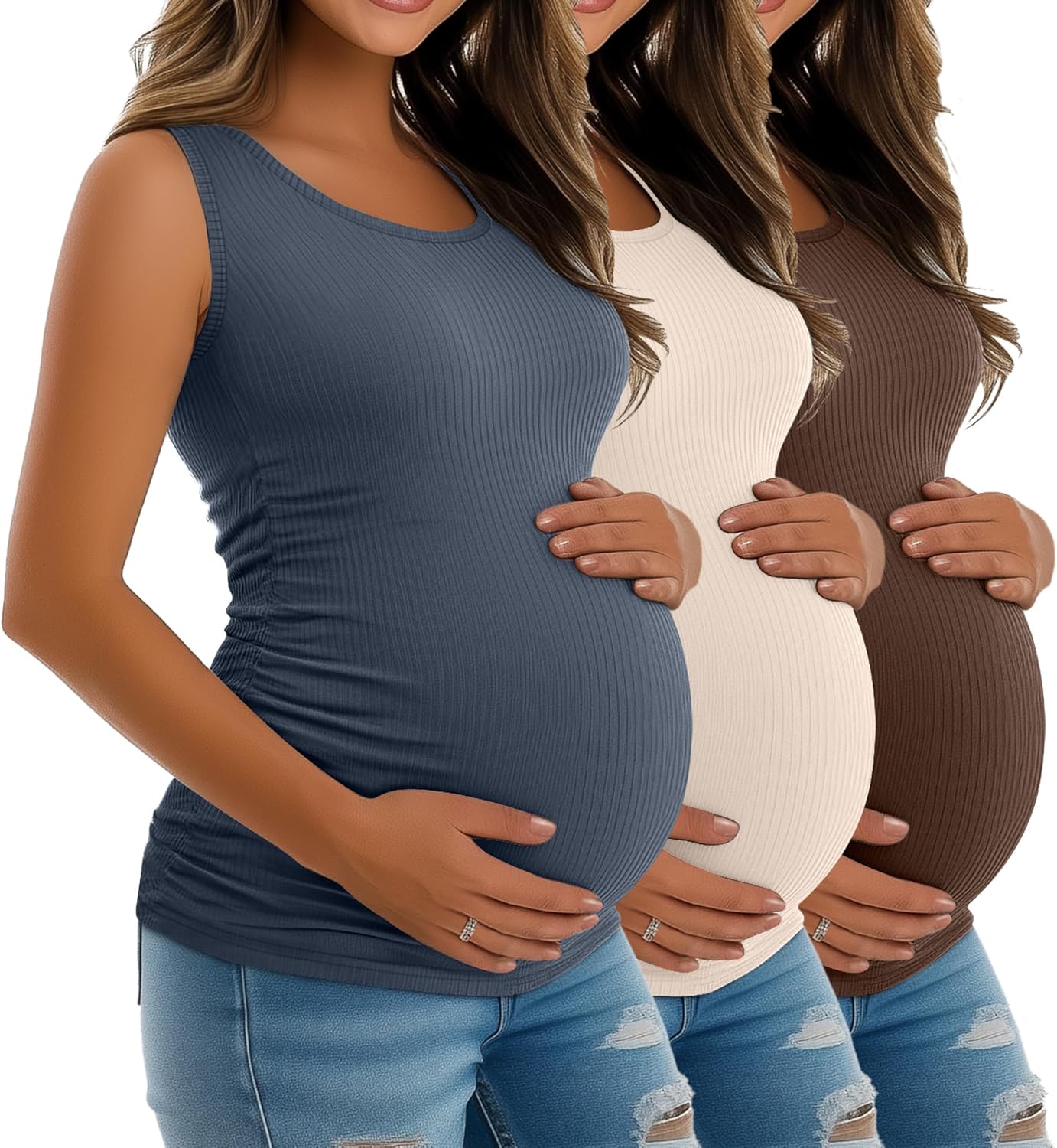 Riyiper 3 Pack Women's Maternity Tank Tops, Sleeveless Cotton Pregnancy Shirts Ribbed Knit Sides Ruched Basic Mama Clothes