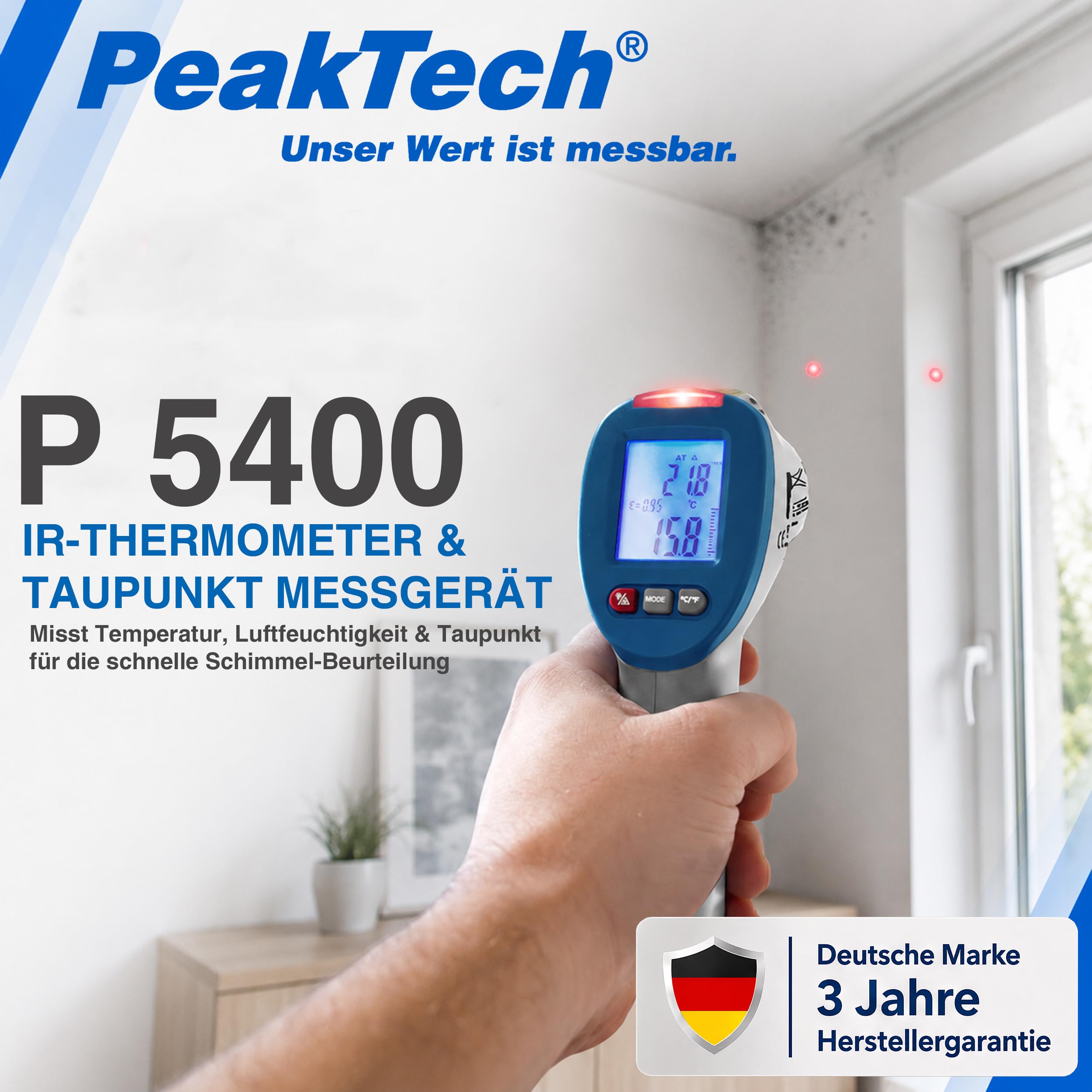 PeakTech P 5400 - IR Messgerät, Infrarotthermometer (-50°/260°), Oberflächen Thermometer, Taupunktscanner (-30°/100°), LED Umweltmessgerät, Thermodetektor Feuchtigkeit (0-100%), Taupunkt Messgerät