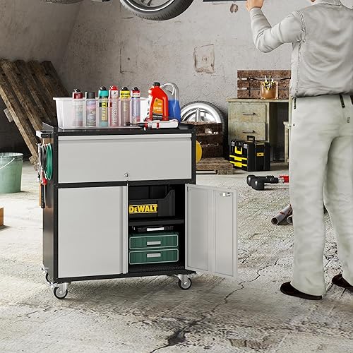 Miniatura 7 de Aobabo Armario de almacenamiento de herramientas con ruedas, 3 cajones para herramientas, armario de almacenamiento de metal con ruedas, requiere