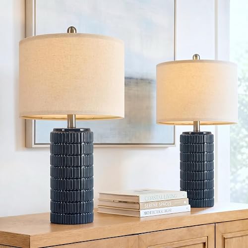 PoKat 23" Blue Table Lamps, Farmhouse Bedside Lamps for Bedroom Set of 2, Ceramic End Table Lamps for Living Room, Traditional Nightstand Desk Lamps, Medium