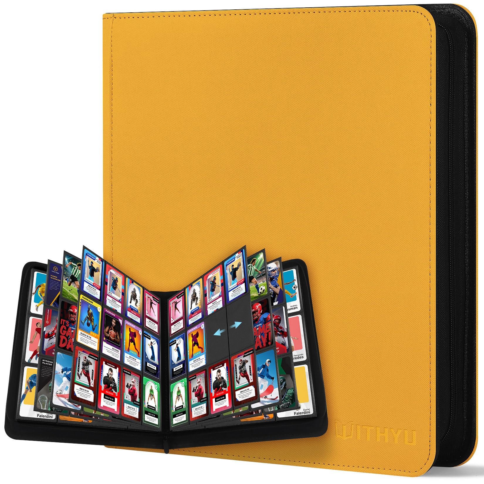 WITHYU Álbum de Colección de 12 Bolsillos, Capacidad 720Cartas, Carpeta Impermeable para Carpetas, Carga Lateral con Cremallera para TCG, Fútbol y Tarjetas Coleccionables, Portátil (Amarillo)