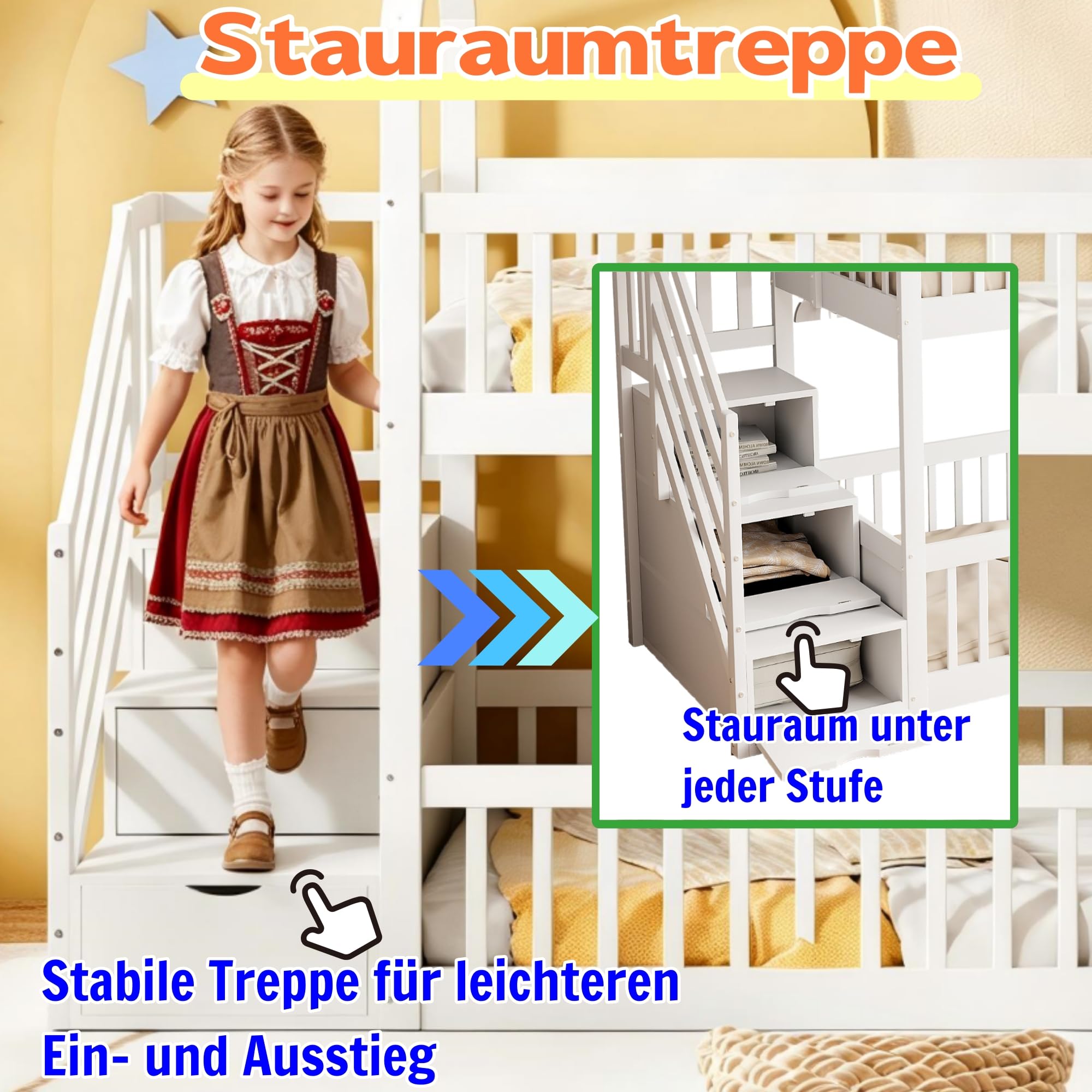Su & Chan Legence Etagenbett 90x200 mit Treppe und Stauraum, Kinderbett Hochbett mit Schubladen und Sicherheitsgeländer, Hausbett mit Dach für 2 Kinder, Weiß