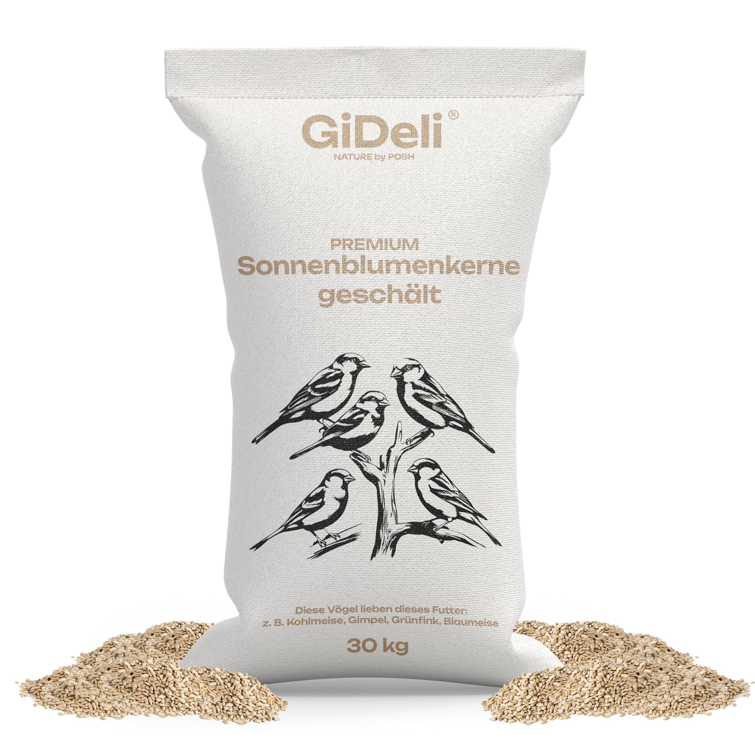 GiDeli Alimento para pájaros, semillas de girasol, peladas, 30 kg, color natural, alimentación para pájaros al aire libre