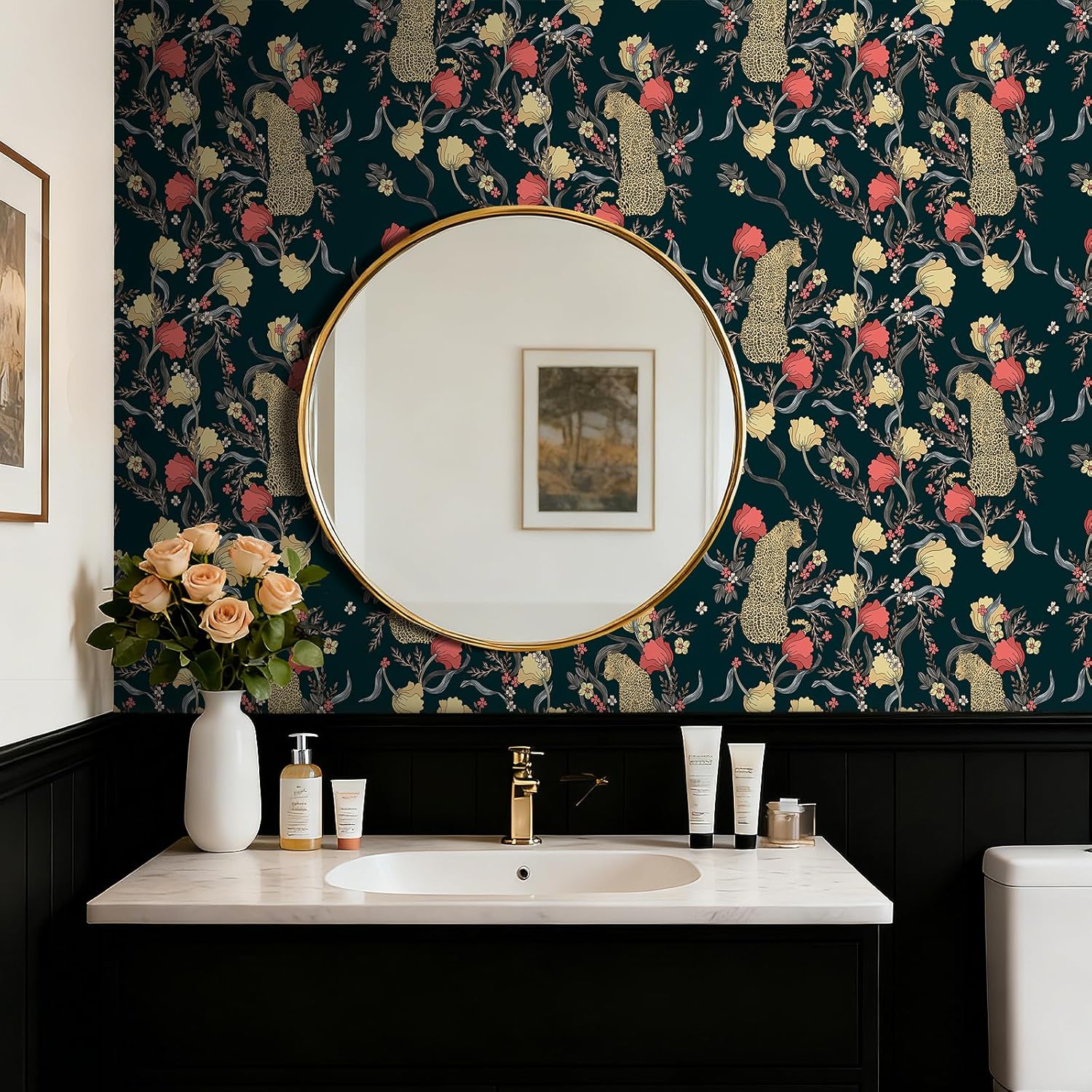 Leopard Floral Wallpaper Peel and Stick Vintage Floral Animal Cheetah Print Wallpaper Dark Moody Botanical Flower Funky Colorful Removable Contact Paper Adhesive Black Blue Gold Red 17.5x80" Hellowall