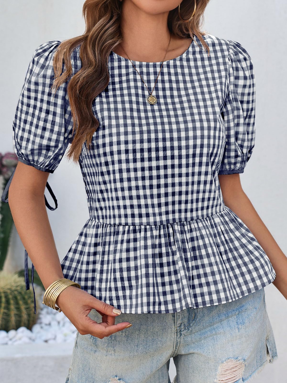 Cicy Bell Chemisier d'été à manches bouffantes vichy à volants péplum pour femme