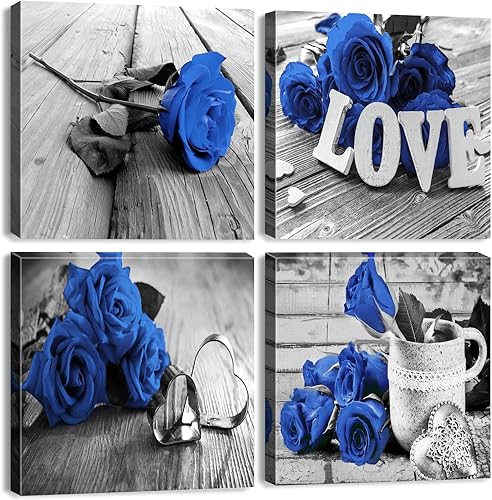 Arte de pared en lienzo con diseño de rosas de color azul, negro y blanco, impresiones de pinturas florales y modernas, con marco, para decoración