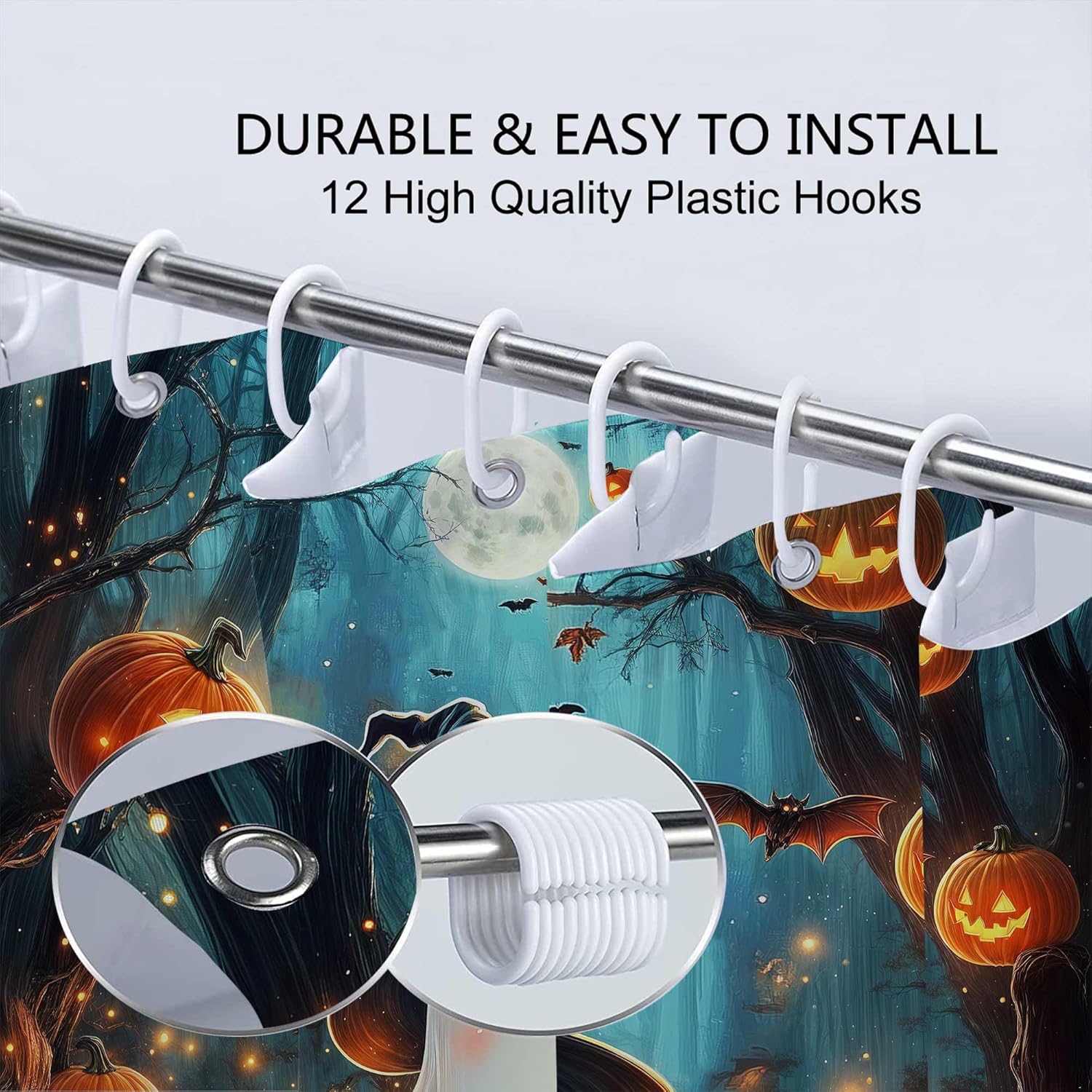 Halloween Ghost Shower Curtain, Cute Funny Ghosts Pumpkin Full Moon Shower Curtain Set for Bathroom, Gothic Scary Night Forest Bathtub Decor Accessories with Hooks, 70X85IN