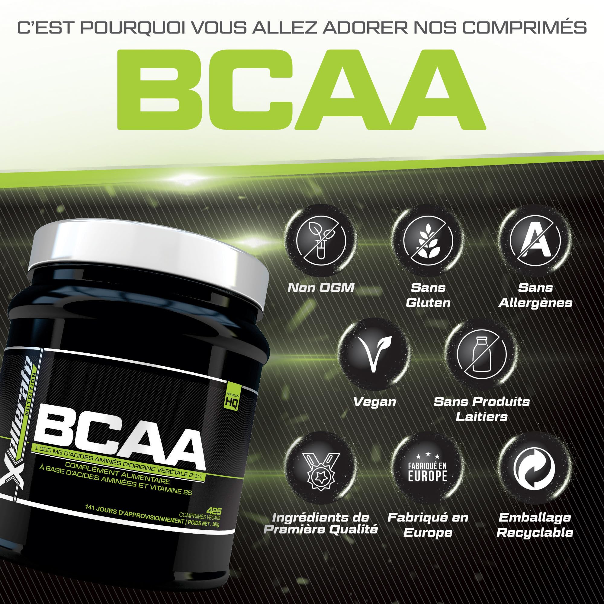 BCAA 2:1:1 3000mg - 425 Comprimés Végan - Acides Aminés à Chaîne Ramifié L-Leucine, L-Isoleucine, L-Valine et Vitamine B6 - Xellerate Nutrition
