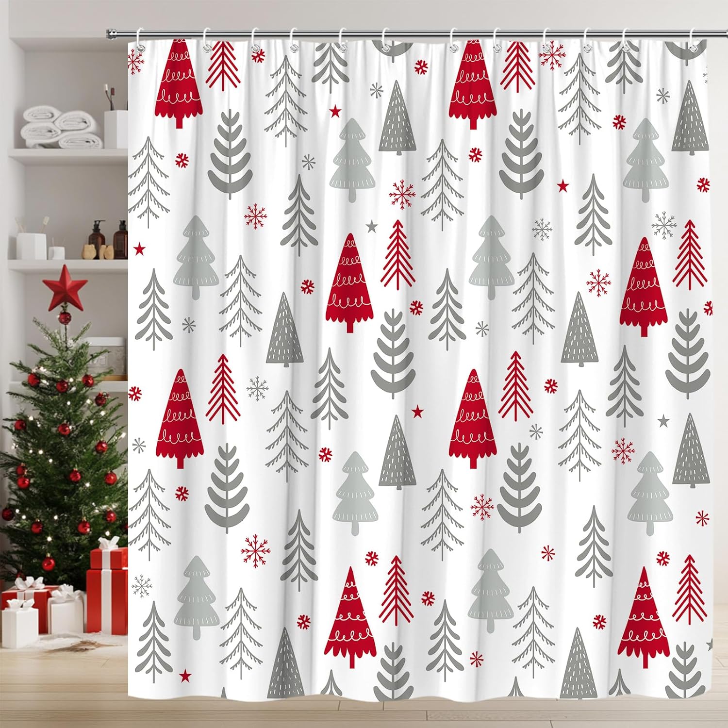 Merry Christmas Shower Curtain Black Xmas Trees Snowflake Cute Winter Holiday Happy New Year Fabric Bathroom Home Decor with Hooks(70" Wx84 H)