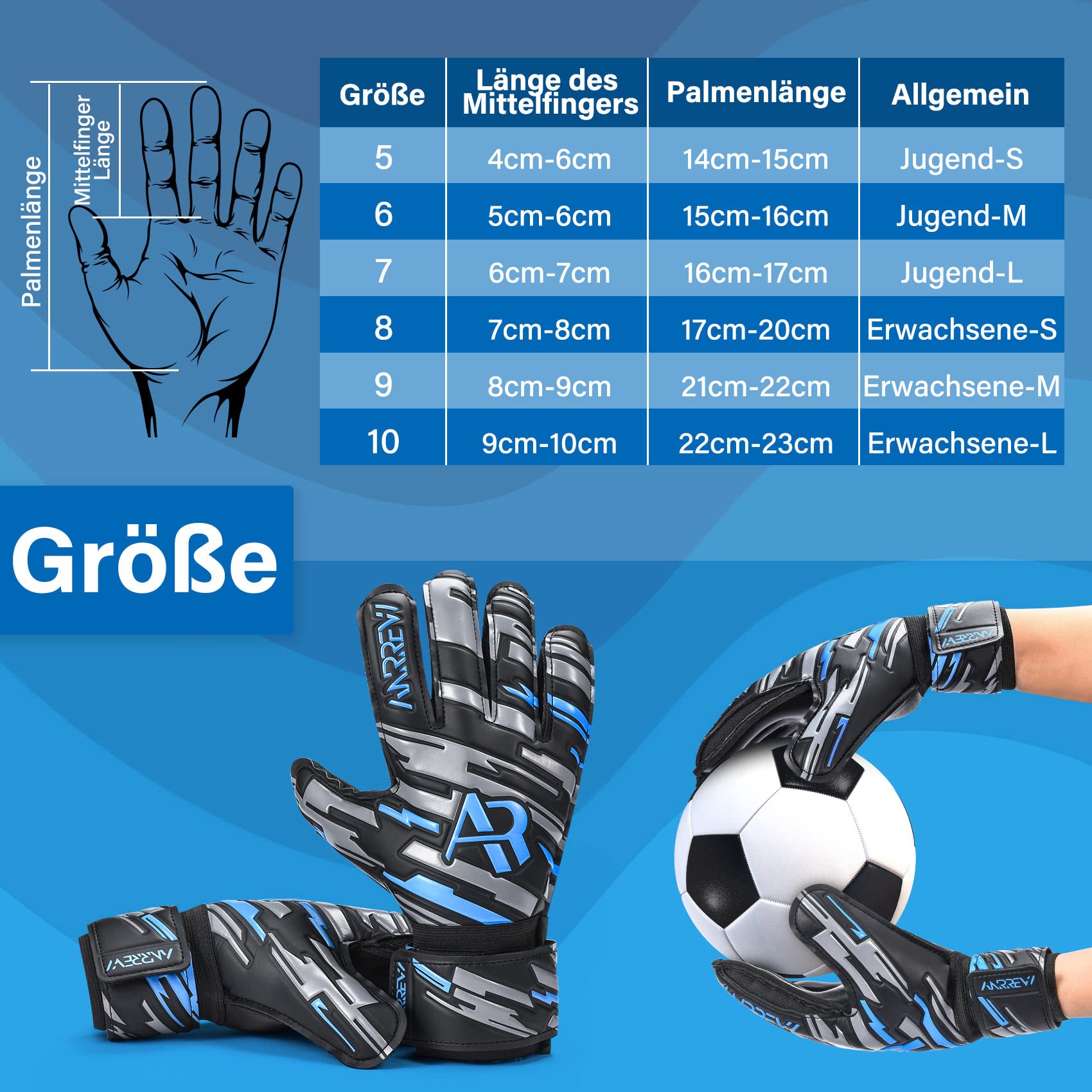 Fußball Torwarthandschuhe mit Fingerschutz und doppeltem Handgelenkschutz. Torwarthandschuhe Sorgen für Extreme Starke Kontrolle und Griffigkeit. Für Jugendliche, Kinder und Erwachsene