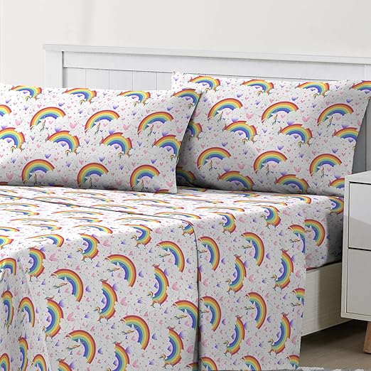 dream FACTORY Kids Sheet Set for Boys and Girls - Lightweight Microfiber Bed Sheets - Super Soft Easy Wash Cozy Kids Bedding 10” Pocket - Twin, Pink Unicorn Rainbow