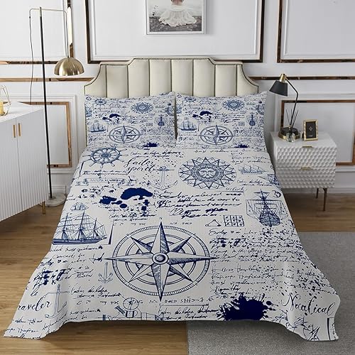 Miniatura 6 de jejeloiu Juego de colcha náutica para niños y niñas, con estampado de barco, juego de colcha acolchada con ancla, decoración de dormitorio,