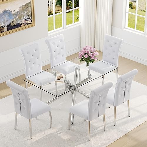 Miniatura 2 de Juego de mesa de comedor moderno de 63 pulgadas para 6 personas, juego de 6 mesas de comedor de cristal con patas de metal plateado, mesa de cocina