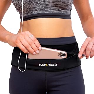 Build & Fitness Adjustable Running Belt with YKK Zipper - Slim Waist Pack Fits All Phones, Keys, Gels for Runners, Gym, Hiking Men Women
