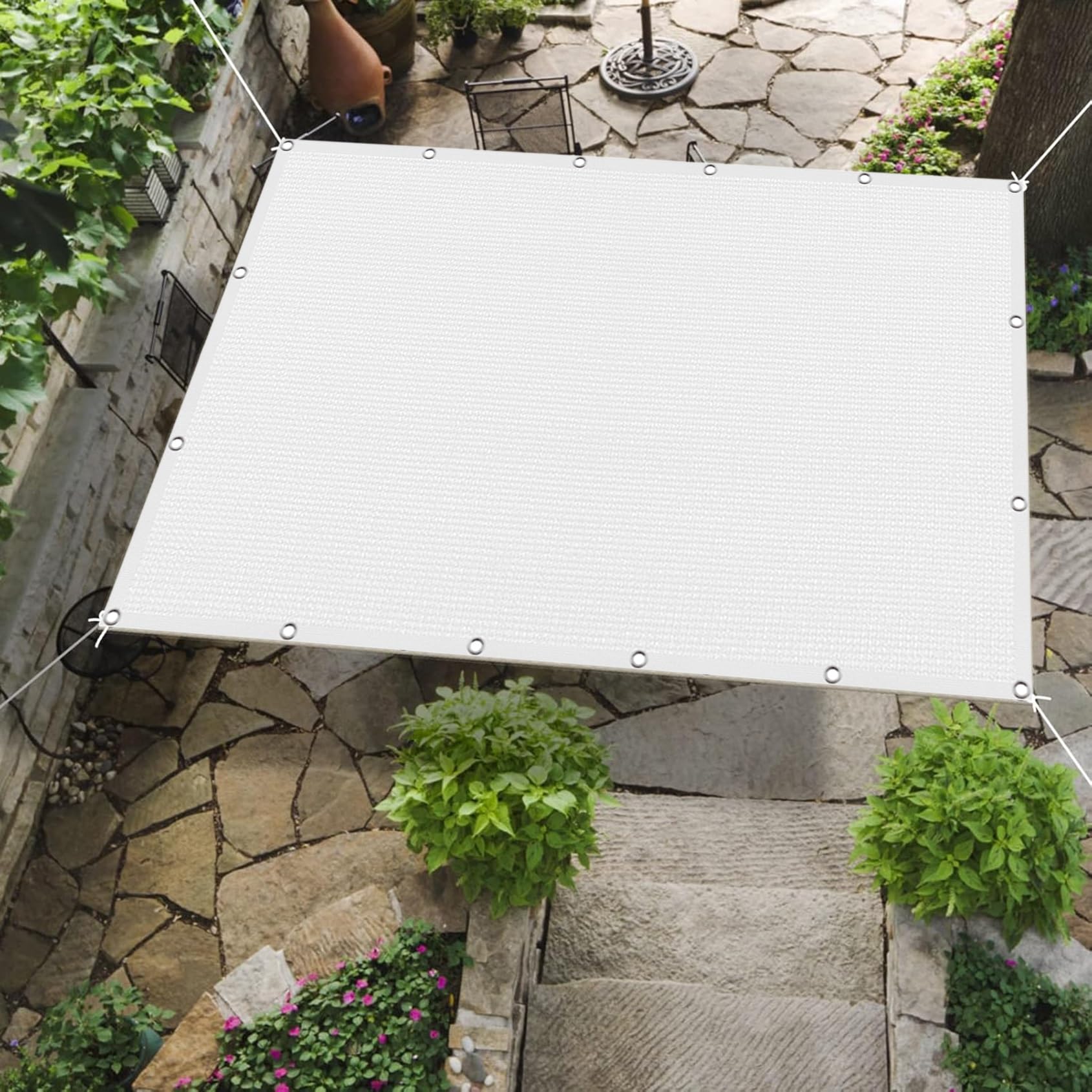 Voile d'ombrage rectangulaire 4.4x4.6m blanc en HDPE respirant pour jardin et extérieur