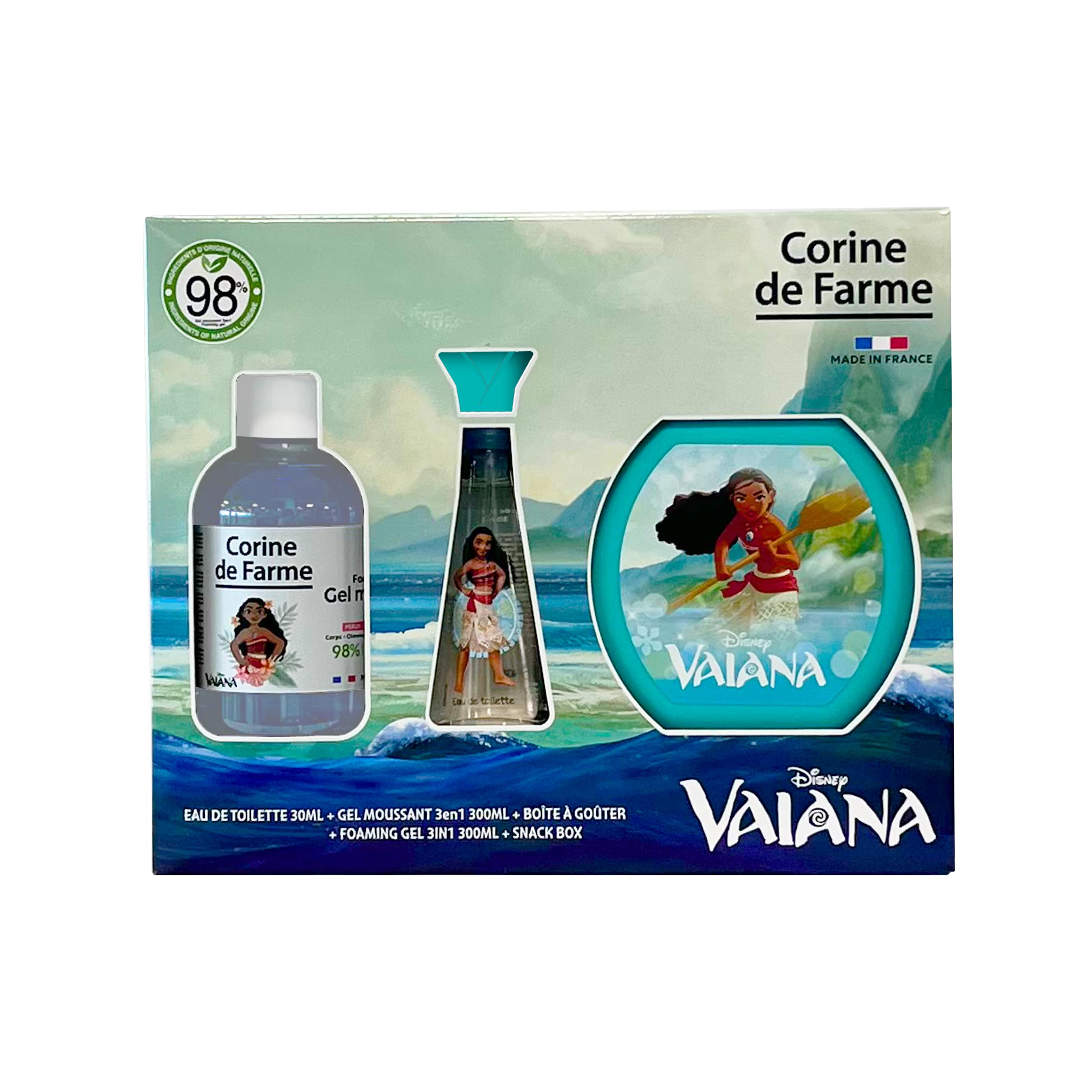 Corine de Farme - Zestaw Vaiana z wodą toaletową 50 ml, do kąpieli piankowej 300 ml i pudełkiem na przekąski - Prezent dla dziewczynek - Zapach dla dzieci o zapachu wanilii - Żel owocowy 3 w 1