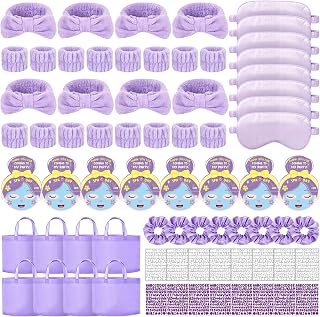 72 Pcs Spa Sleepover Party Supplies for Girls With DIY Stickers And Greeting Card Purple Headband Wristbands Eye Mask Hair Scrunchie Tote Bag Sleeping Slumber Party Favors