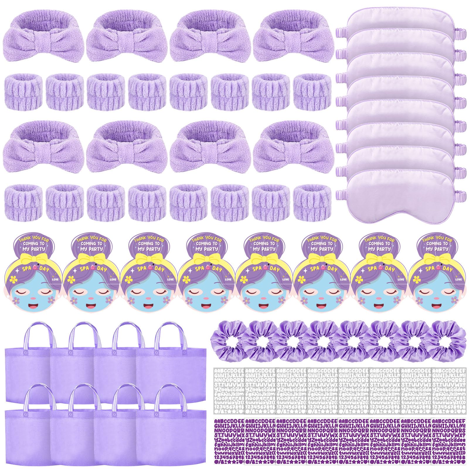 EYNDYN 72 Pcs Spa Sleepover Party Supplies for Girls With DIY Stickers And Greeting Card Purple Headband Wristbands Eye Mask Hair Scrunchie Tote Bag
