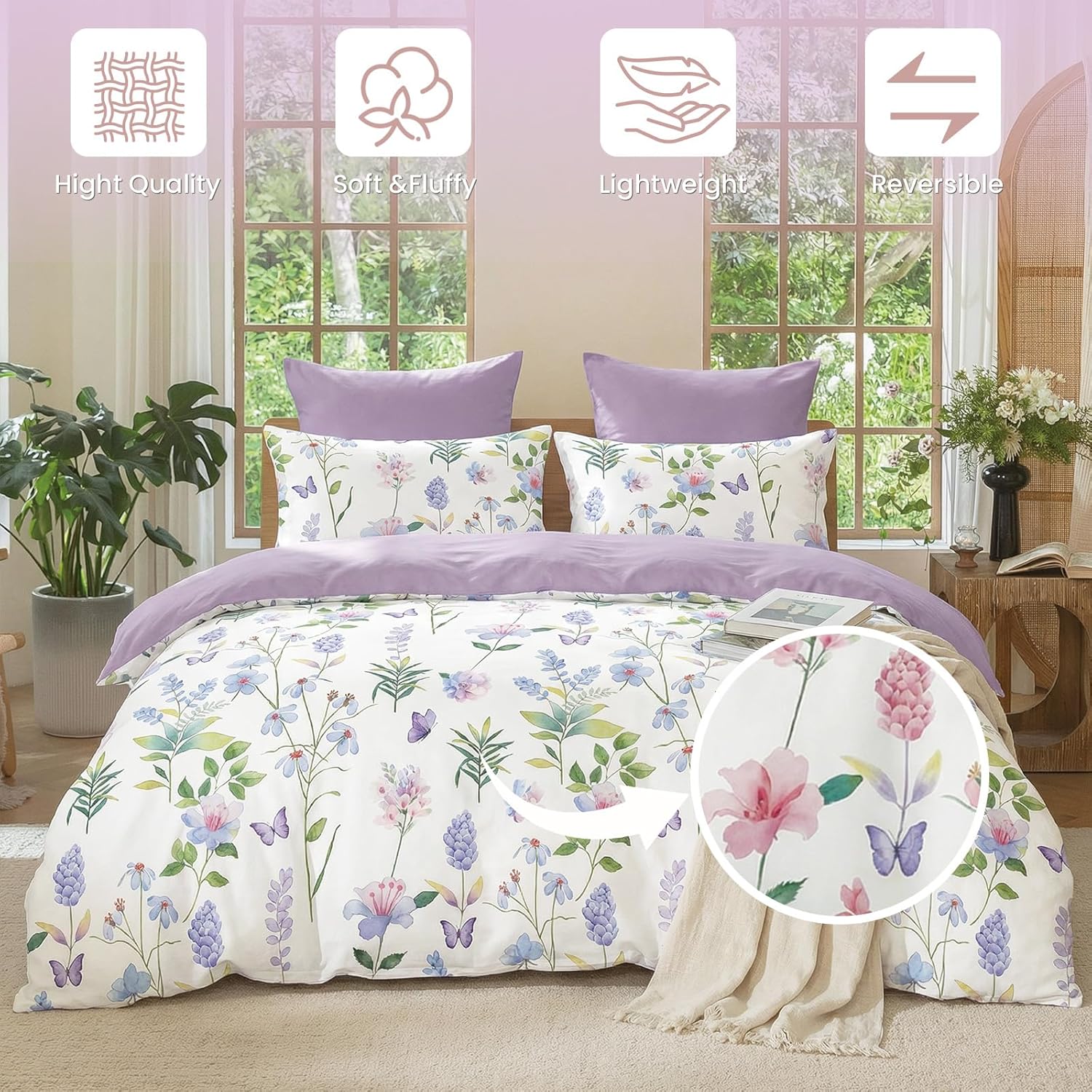 CCoutueChen Purple Lavender Comforter Set Full Size, Botanical Floral Bedding Set for Girls Cottagecore Bedroom, 3 Pieces Soft Fluffy Microfiber Comforter Sets with 2 Pillowcases, 79"x90"