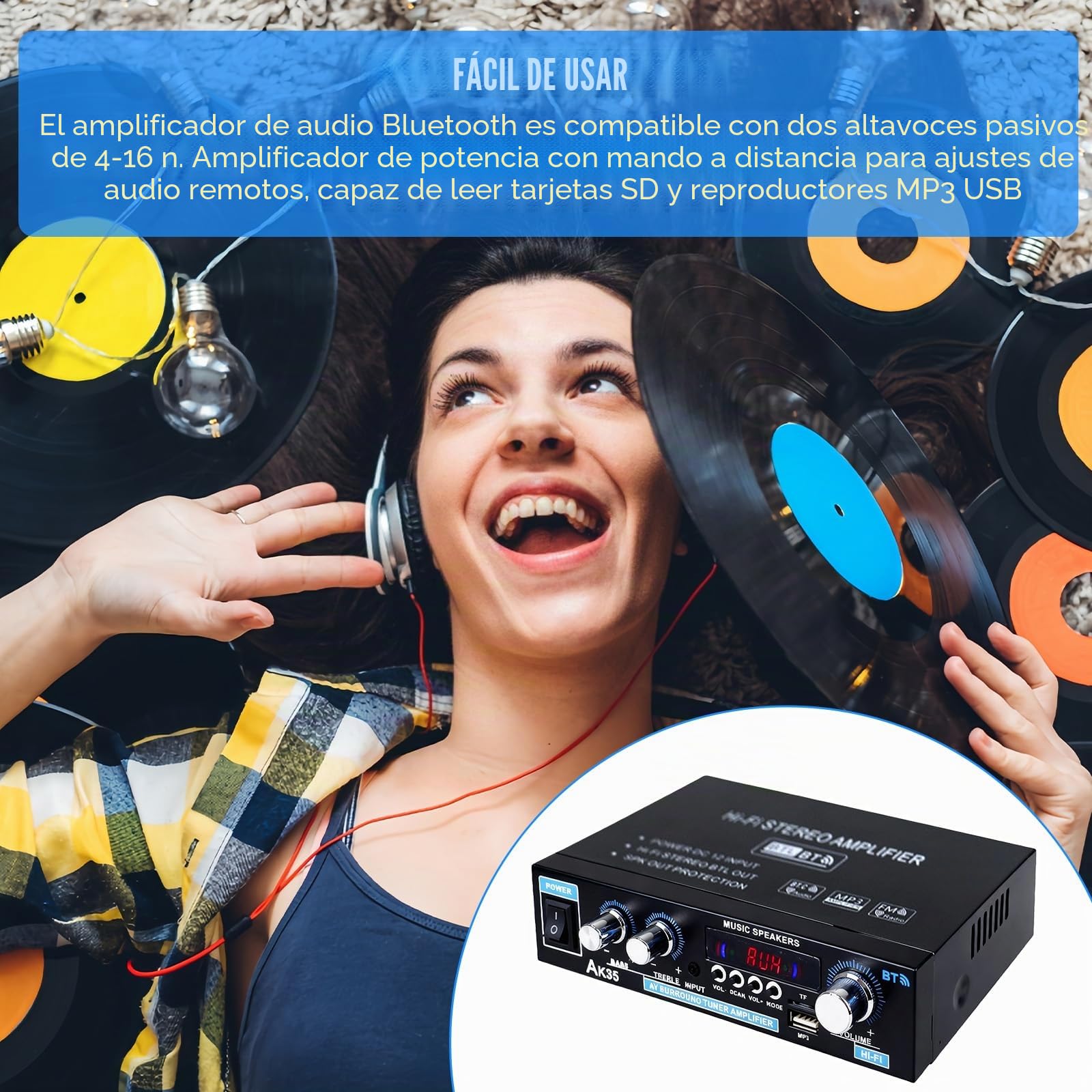 AK35 Amplificador HiFi Bluetooth 5.0 2.0 canales 30W x 2 Amplificador Estéreo HiFi Digital Etapa de Potencia Amplificador de Potencia Mini Radio Audio Amplificador Receptor con Radio FM, Mando a