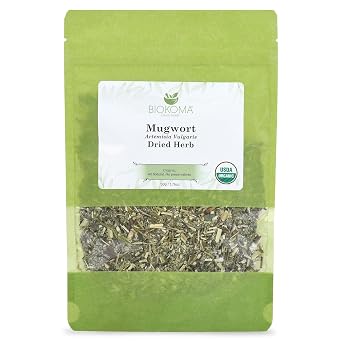 Biokoma Organic Mugwort Dried Herb 50g 1.76oz Artemisia vulgaris USDA Organic Herbal Tea Premium Cut Aromatic Leaves Lucid Dreaming Bath Resealable Pouch No Additives No Preservatives No GMO Kosher