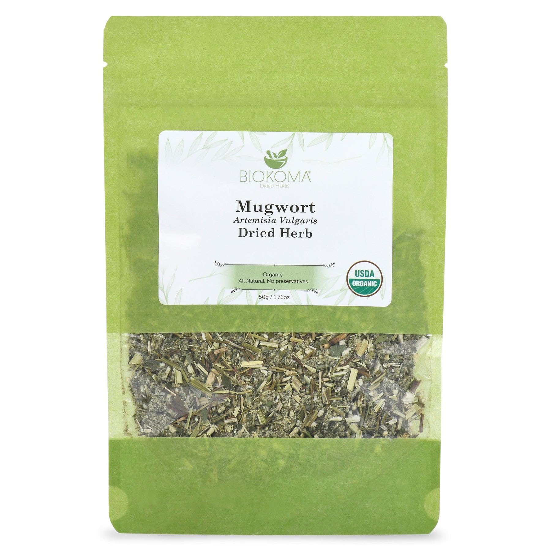 Biokoma Organic Mugwort Dried Herb 50g (1.76oz) In Resealable Moisture Proof Pouch, USDA Certified Organic - Herbal Tea, No Additives, No Preservatives, No GMO, Kosher