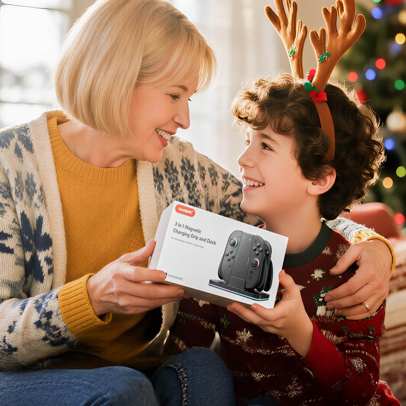 COOWPS 3-In-1 Ladegriff Und Dock für Nintendo Switch 2 Joy-Con (2025) – Mit Ergonomischem Komfort-Griff, Starker Magnetkraft, Schnelllade-Dock, 9 RGB-Licht-Modi & USB-C-Kabel
