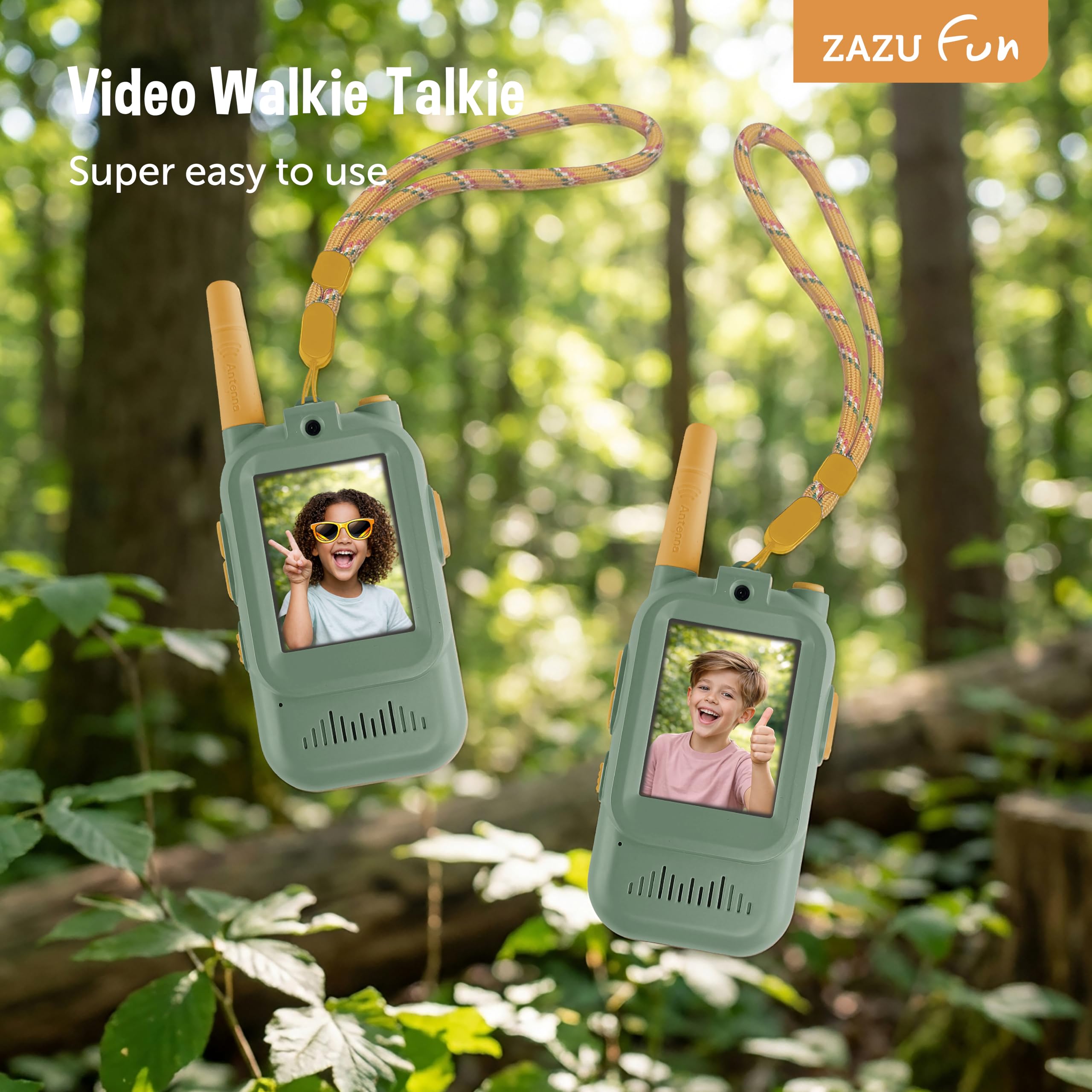 ZAZU Video Walkie Talkie para niños con cámara, juego de 2, alcance de 300 m, pantalla de 2,0 pulgadas, recargable por USB, 5 efectos de voz y 16 filtros, radio con vídeo para interior y exterior