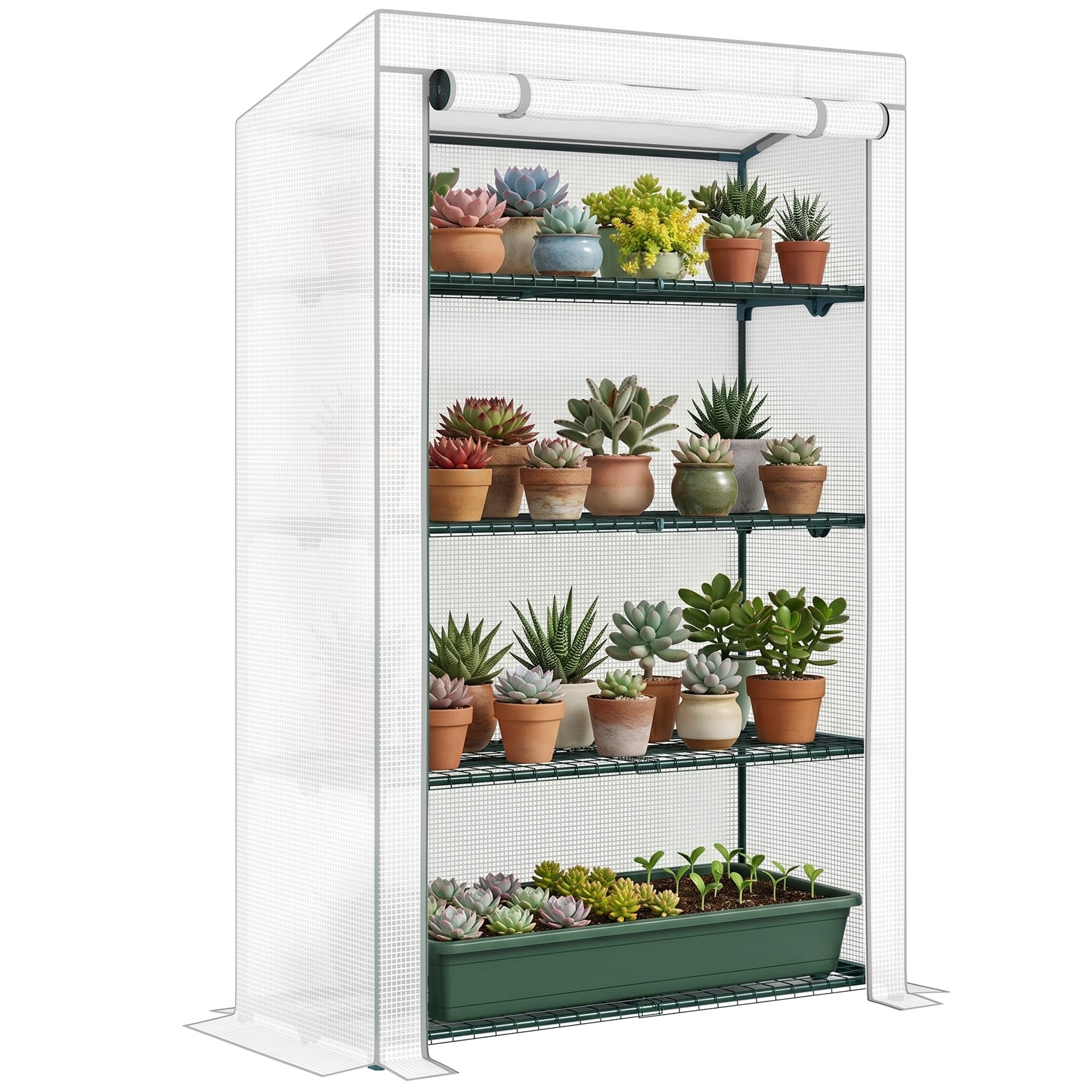 Outsunny 4 Tier Lean-to Mini Greenhouse with Reinforced PE Cover, Portable Small Greenhouse with Roll-Up Door, Grey Hemmed Edging, 110 x 50 x 171cm, Grey