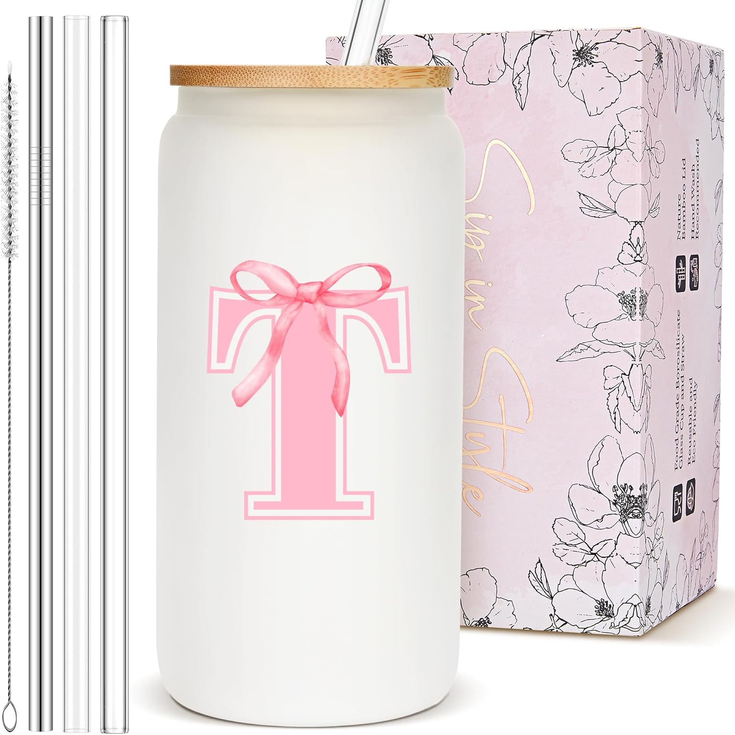 Coquette Cute Glass Cups with Lids and Straws, Pink Bow Aesthetic Iced Coffee Cup, Personalized Customized Monogrammed Bridesmaid Birthday Gifts for Women, Custom Initial Drinking Mug Tumbler, T