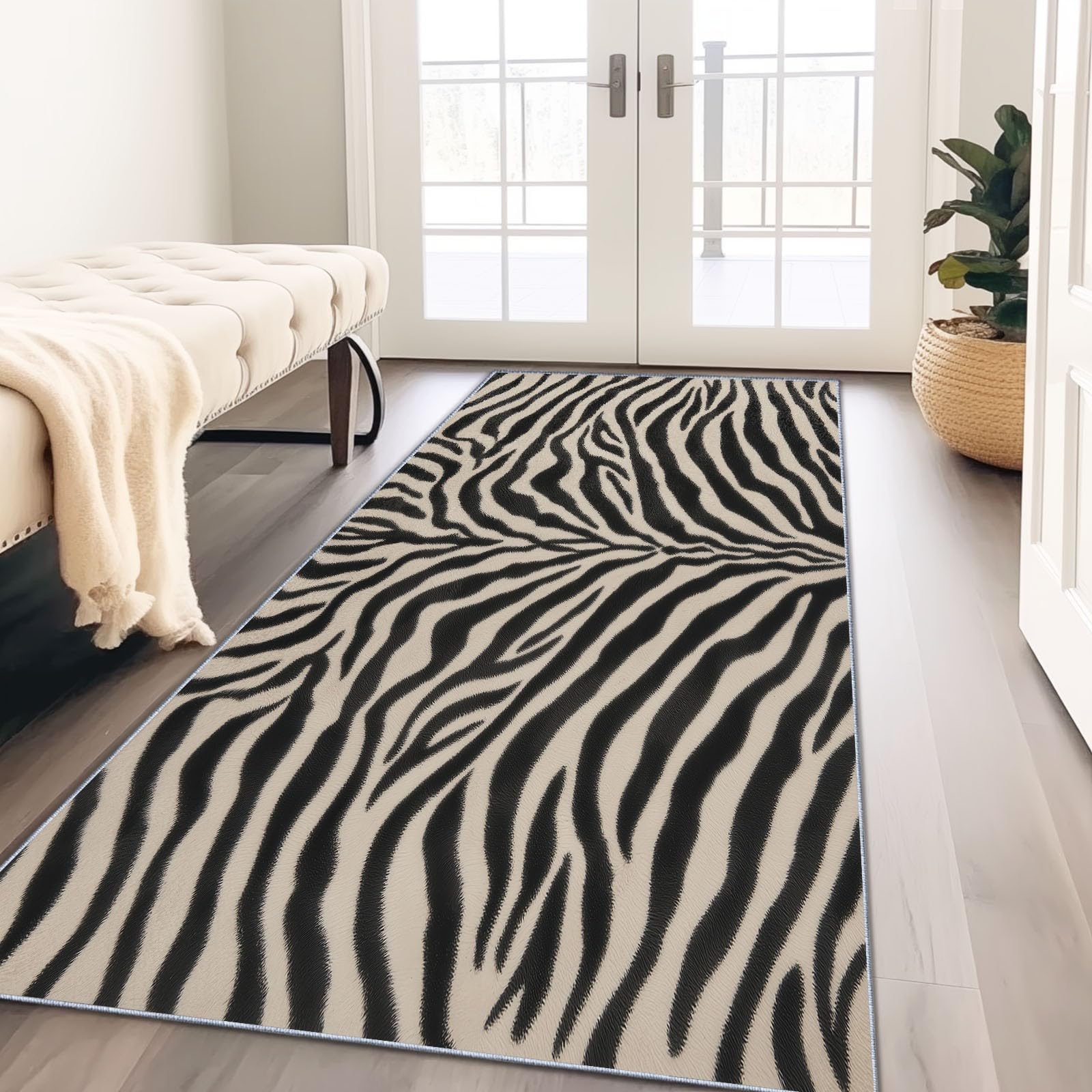 Black Print Kitchen Runner Rugs, Extra long Non-slip Washable 80 x 150 cm, Thin Low Pile Green Runners for Hallways, Exotic Animal Zebra Stripes Floor Carpet for Indoor Bedroom Entryway