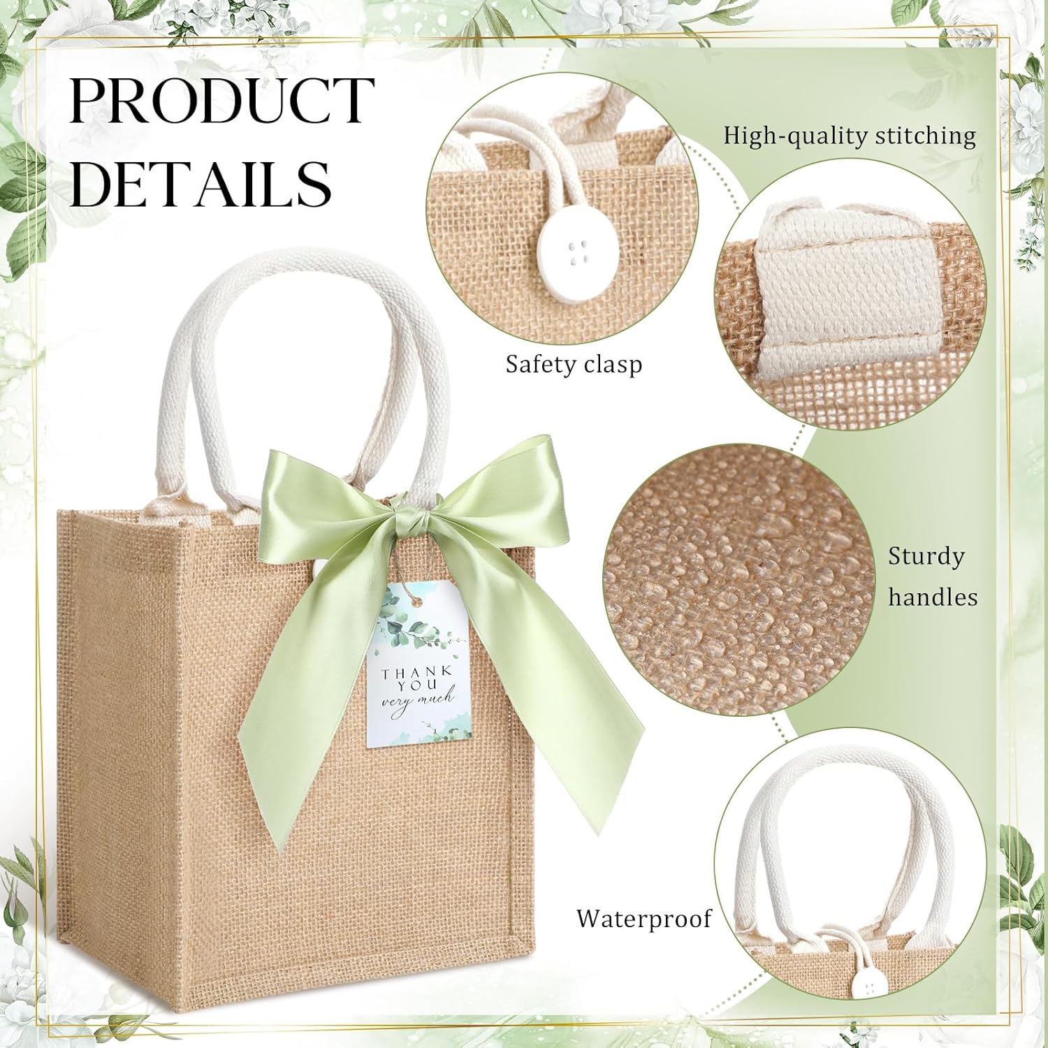 Windyun 12 Pcs Burlap Tote Gift Bag with Handle, Reusable Gift Bag with Thanks Card and Ribbon for Wedding Bridesmaid Proposal Beach Party Grocery Shopping DIY Crafts