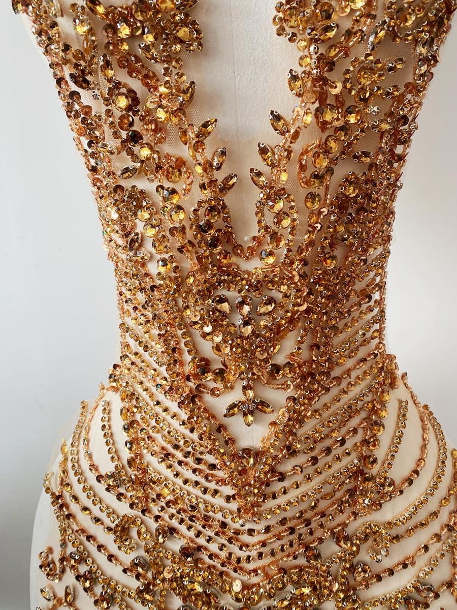 Handmade Rhinestones Bodice Applique sew on Beads Trim Patches Trim Accessories for Wedding Dress Shiny Decorative lace Patch (Champagne)