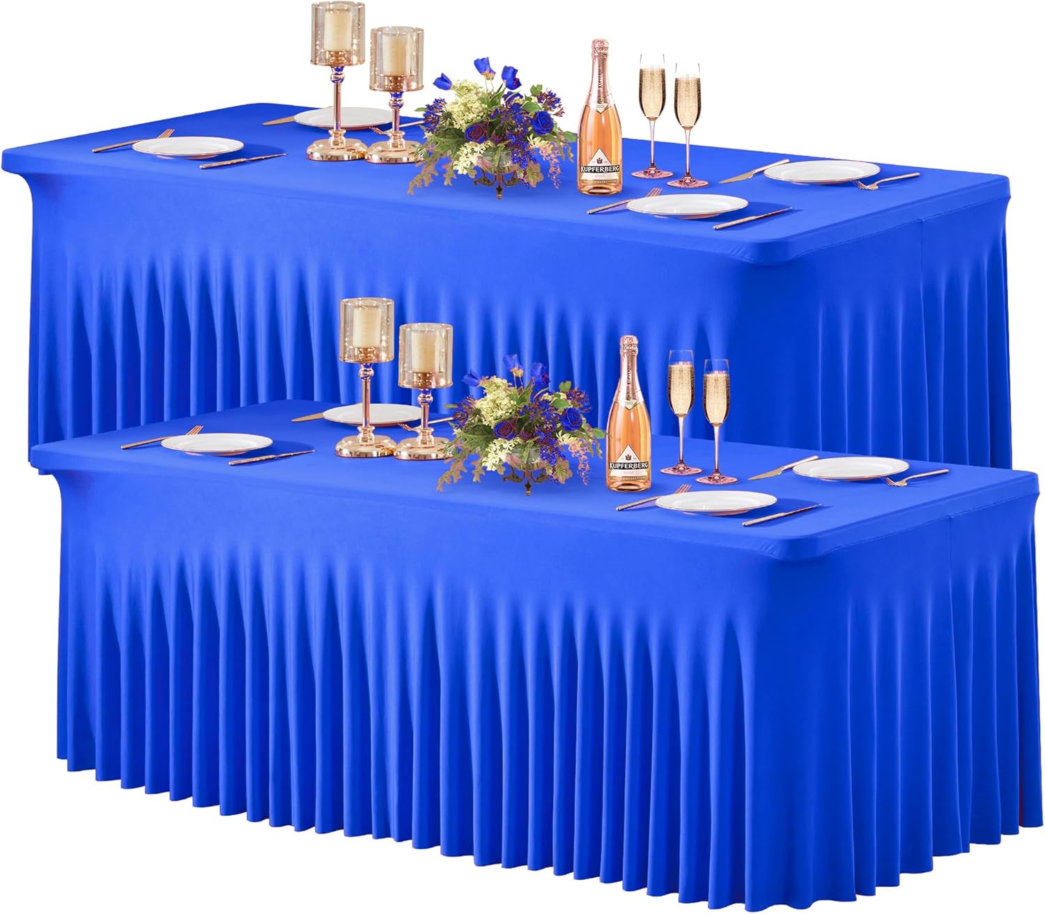 2 Pack Royal Blue Spandex Table Clothes for 8 Foot Rectangle Tables, 8FT Wrinkle Free Fitted Tablecloths Ruffles Design Table Cloth for Party, Banquet, Wedding and Events