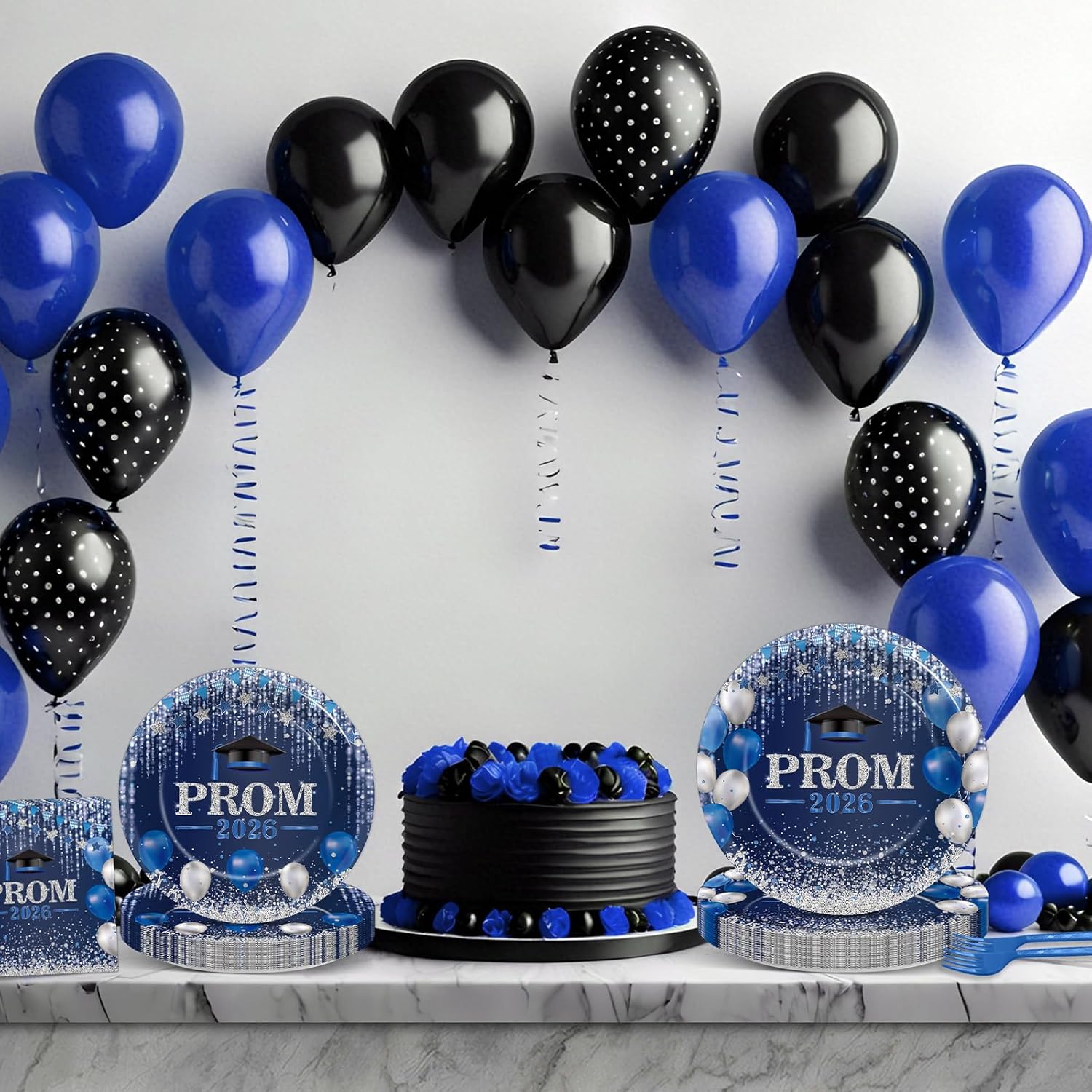 96Pcs Prom Night 2026 Grad Party Tableware Supplies Graduation Plates Napkins Class of 2026 Party Decorations Congratulations Graduate Plate Forks Napkins for High School College Navy Blue and Silver
