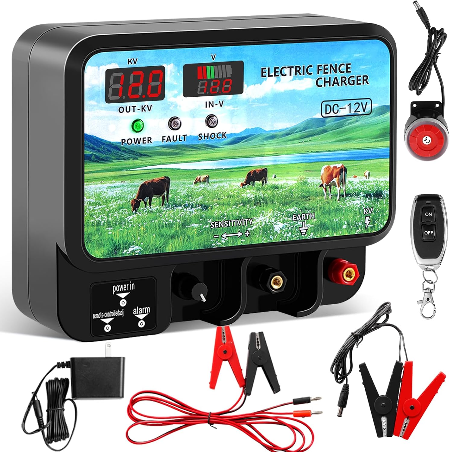 15.5 Joule Electric Fence Charger, 15.5 Joule Stored / 14.5 Joule Output Electric Fence Energizer, 12KV Output Voltage, Range 31 Miles, Dual Power 12V DC / 100-240V AC, with Alarm