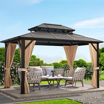 12x10 Hardtop Gazebo, Aluminum Permanent Pavilion with Polycarbonate Double Roof, Removable Curtains & Mosquito Netting for Patio, Garden, Lawn, Upgrade Your Outdoors Brown, 12x10
