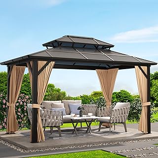 Gazebo 10x13 FT with Double Top PC Sheet Roof, Aluminum Frame Canopy and PC Roof, Outdoor Permanent Metal Pavilion with Curtains for Patio Garten Backyard Parks