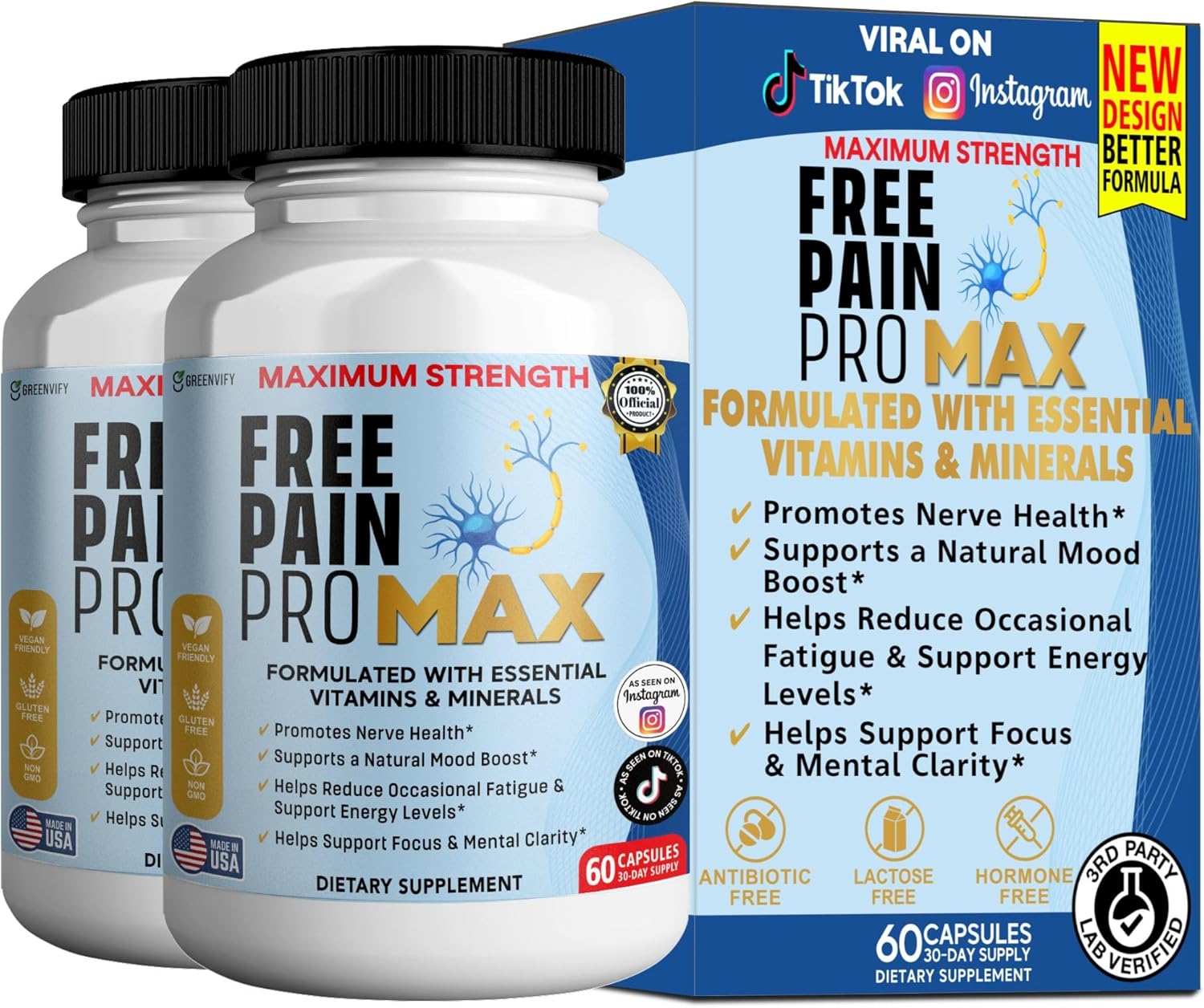 Free Pain ProMax Maximum Strength, 60 Capsules, Nerve Health Support with Vitamins & Minerals, 30 Day Supply (2)