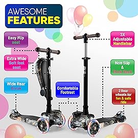 Hurtle 3 Wheeled Scooter for Kids - 2-in-1 Sit/Stand Child Toddlers Toy Kick Scooters w/ Flip-out Seat, Adjustable Height, Wide Deck, Flashing Wheel Lights, For Boys/Girls 1 Year Old+ (Real Tree)