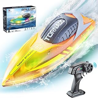 JONRRYIN Barco Teledirigido, 2.4GHz Barcos Teledirigidos con Luces LED y Alarma de Batería Baja, Barcos RC Regalo para Niños y Adultos (Orange)